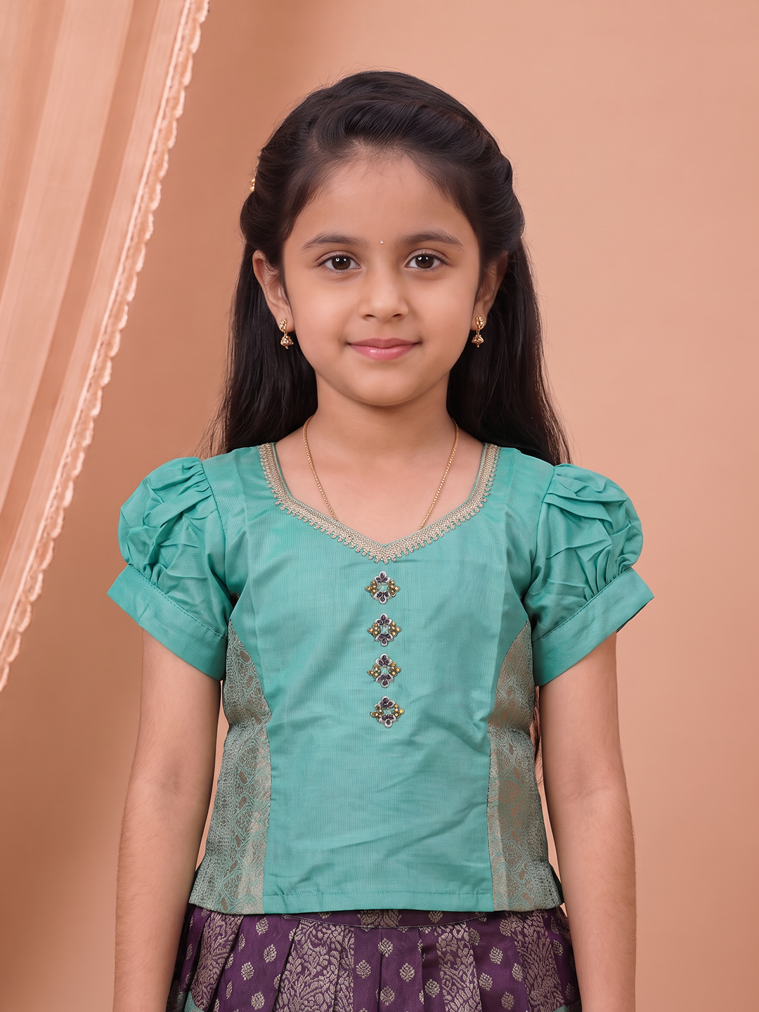 Girls Art Silk Turquoise Blue with Dark Violet Pattu Pavadai Set GPS83