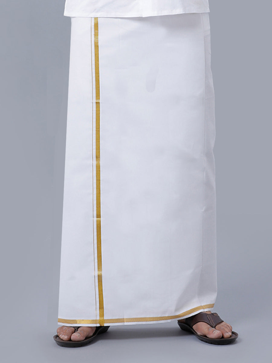 Men White 1/2" Gold Jari Border Double Layer Dhoti Goldsmith