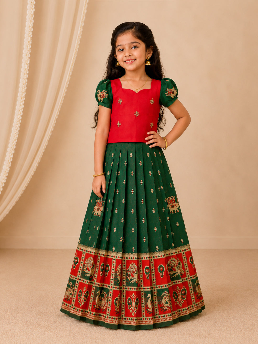 Girls Cotton Red Pattu Pavadai Set GPS41