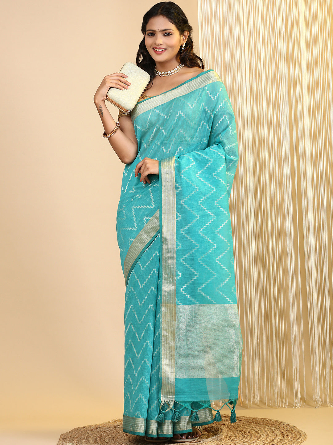 Women Semi Cotton Saree Green SCS101