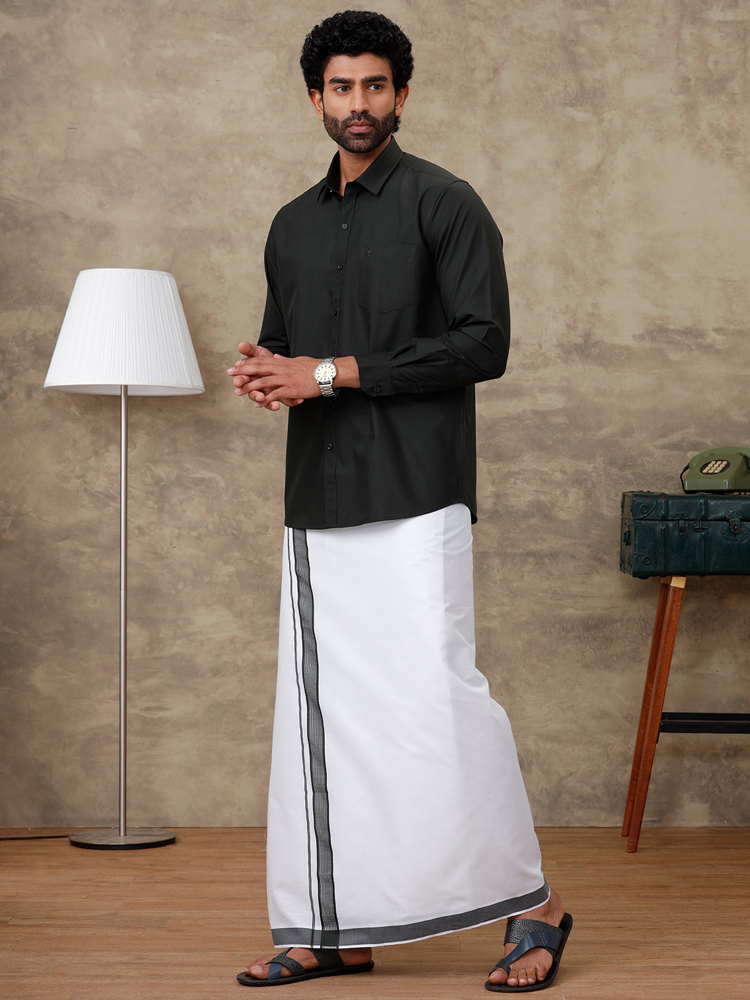 Men Green Waterlo Shirt With Matching Border Dhoti Set Trendy