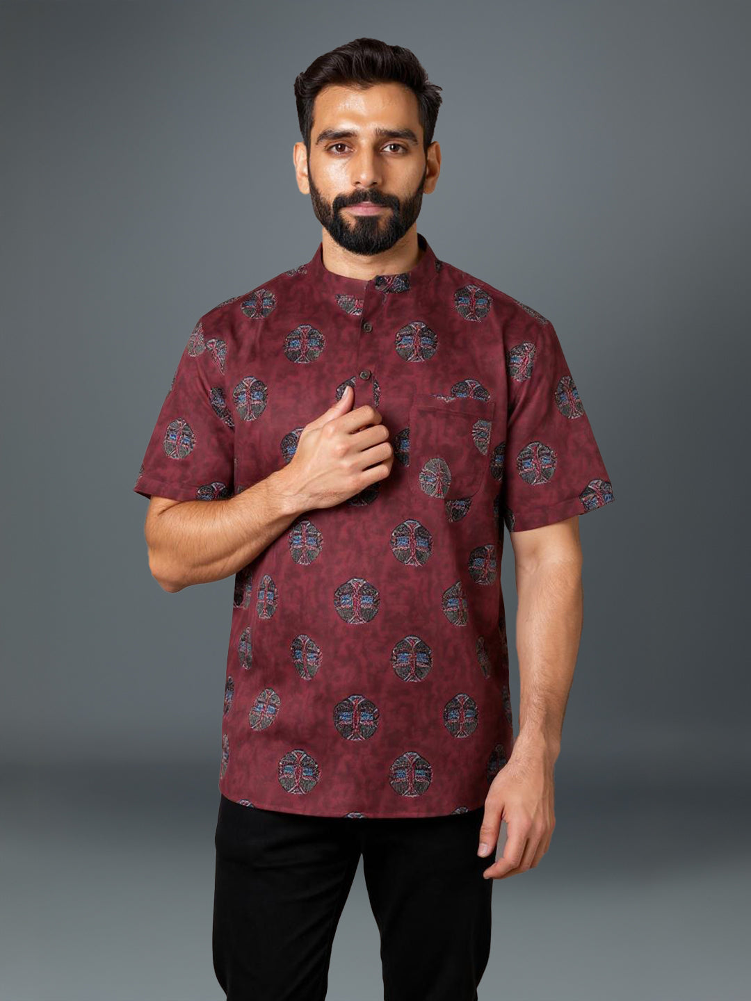 Men Cotton Short Length Printed Pocket Kurta Reddish Brown OE11