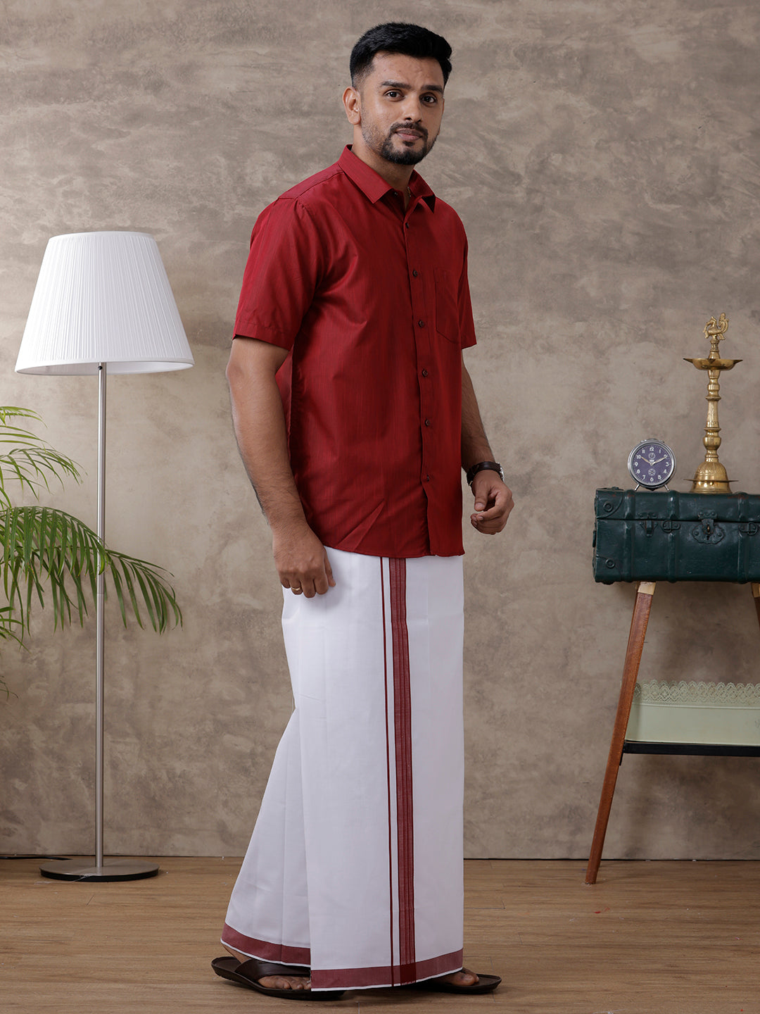 Men Dark Red Matching Border Dhoti & Half Sleeves Shirt Set Evolution IC9