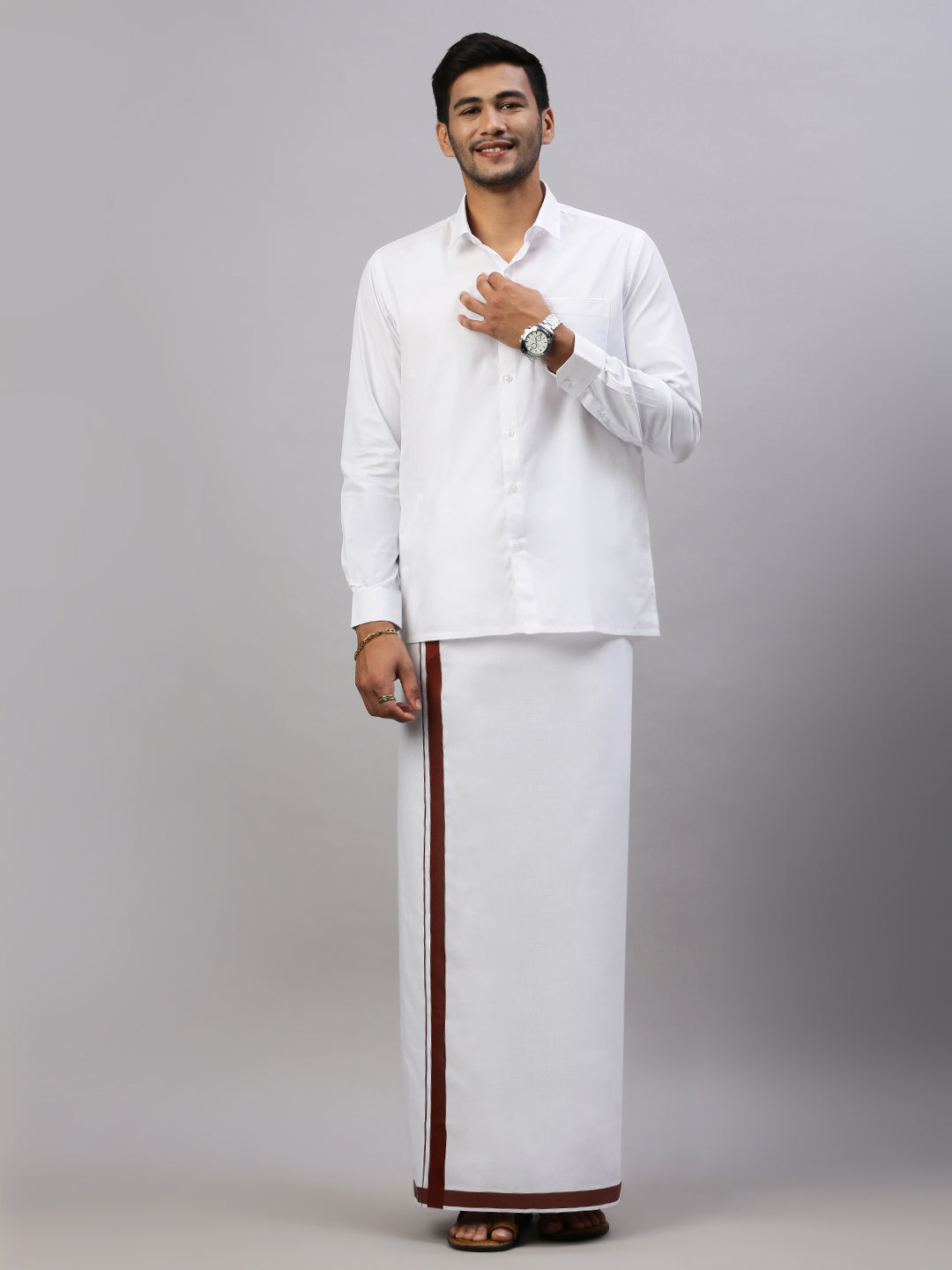 Mens Elegant Look Cotton Single Dhoti with Brown Fancy Border