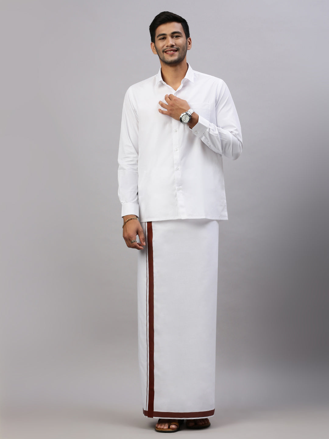 Mens White Shirt with Single Dhoti Brown Combo WS01