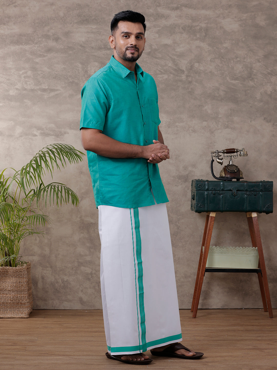 Men Matching Border Dhoti & Shirt Set Half Green C36