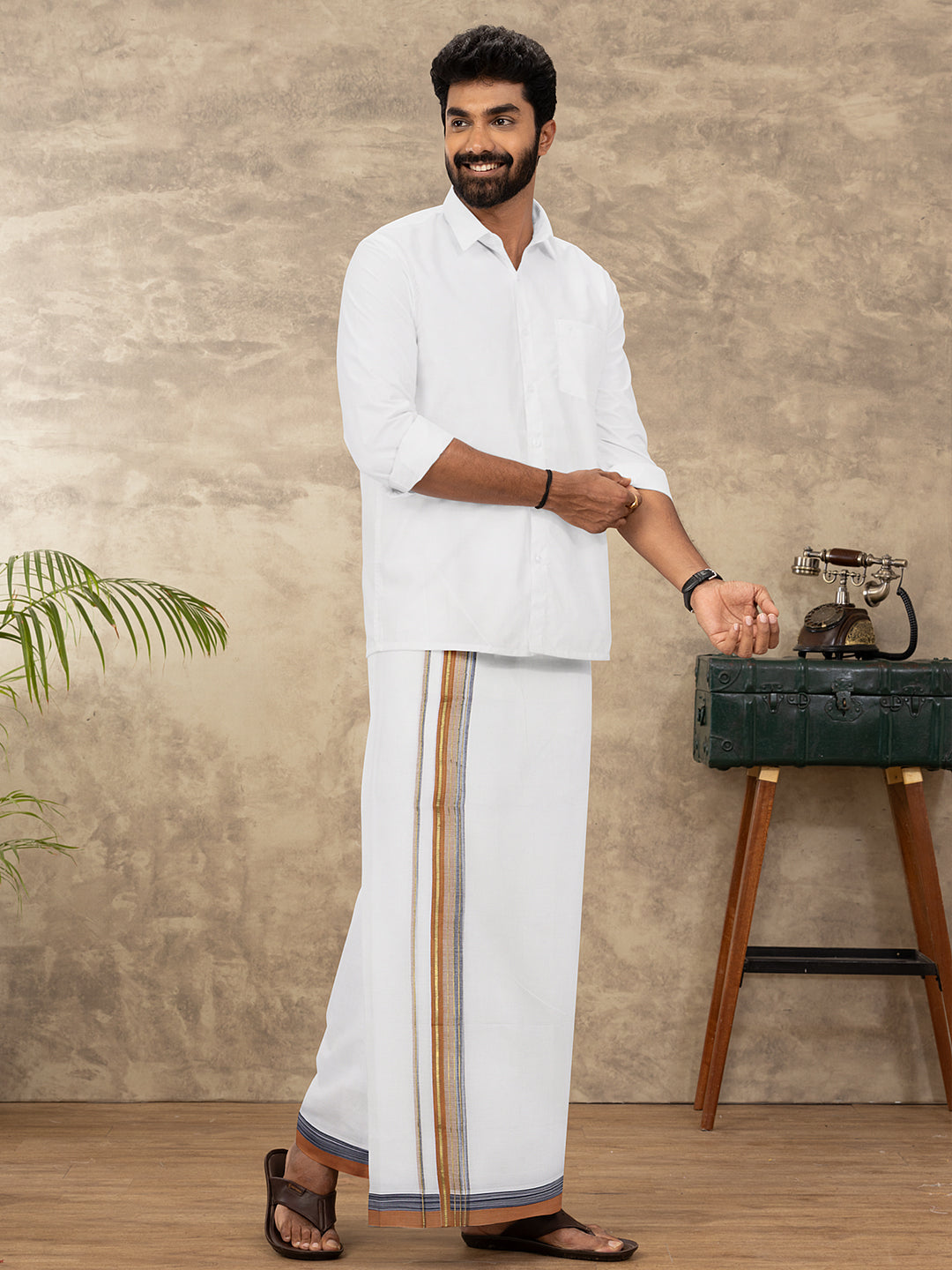 Men 100% Cotton Double Layer White Dhoti with Fancy Jari Border MJF07