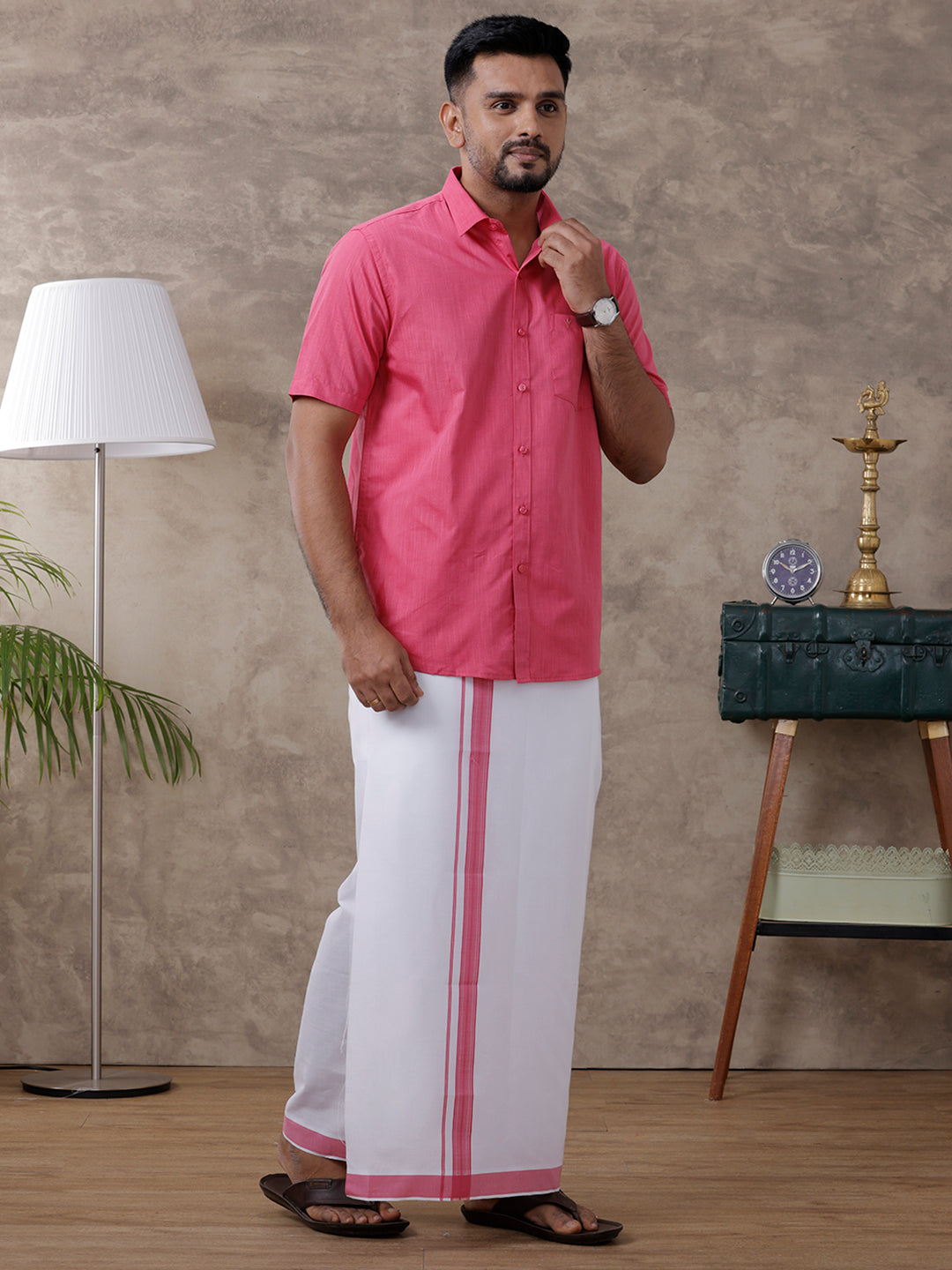 Mens Pink Matching Border Dhoti & Half Sleeves Shirt Set Evolution IC2