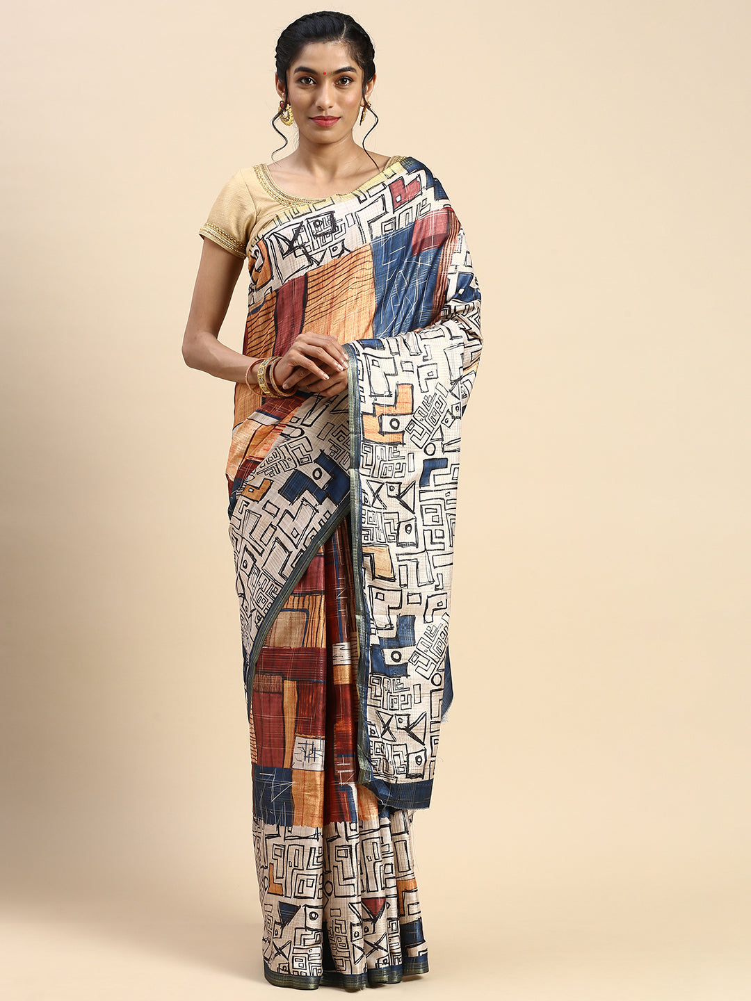 Women Semi Tussar Printed Saree Sandal & Brown STP21