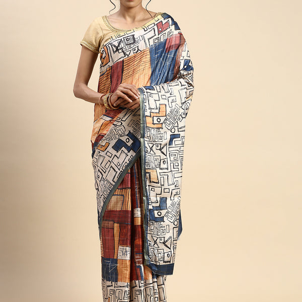 Womens Semi Cotton Striped Design Multi Colour Saree with Tussle SCS37