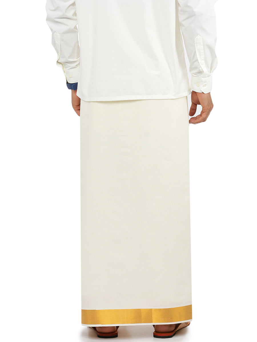 Mens Double Dhoti Cream with Gold Jari 2" Gold Fine Pet 2-Back view