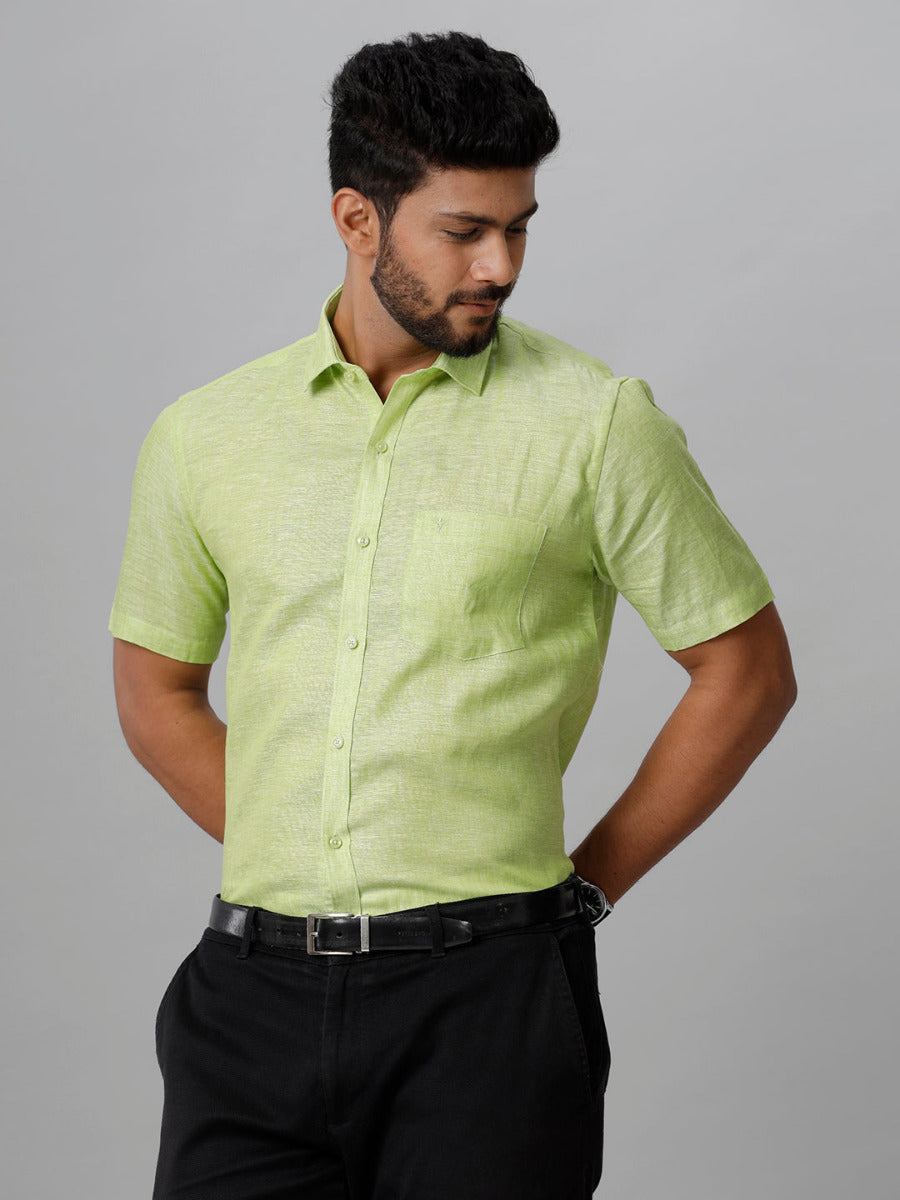 Mens Pure Linen Lime Green Smart Fit Half Sleeves Shirt-Side view