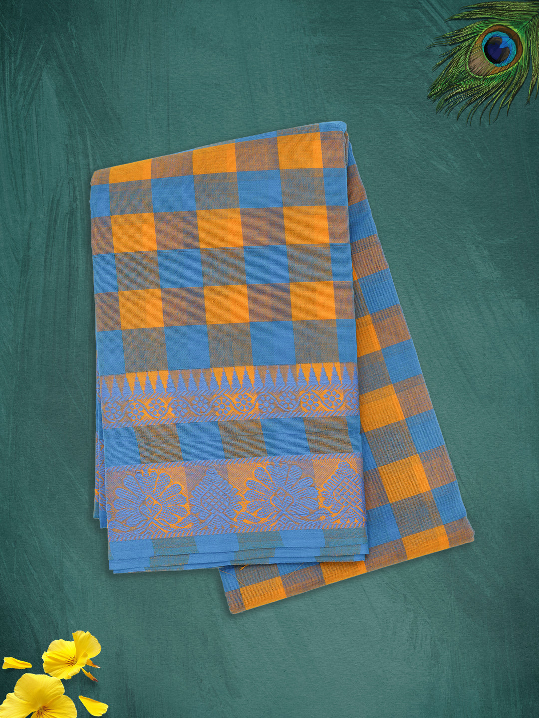Women Blue with Orange Checks Pure Chettinad Cotton Saree PCS217