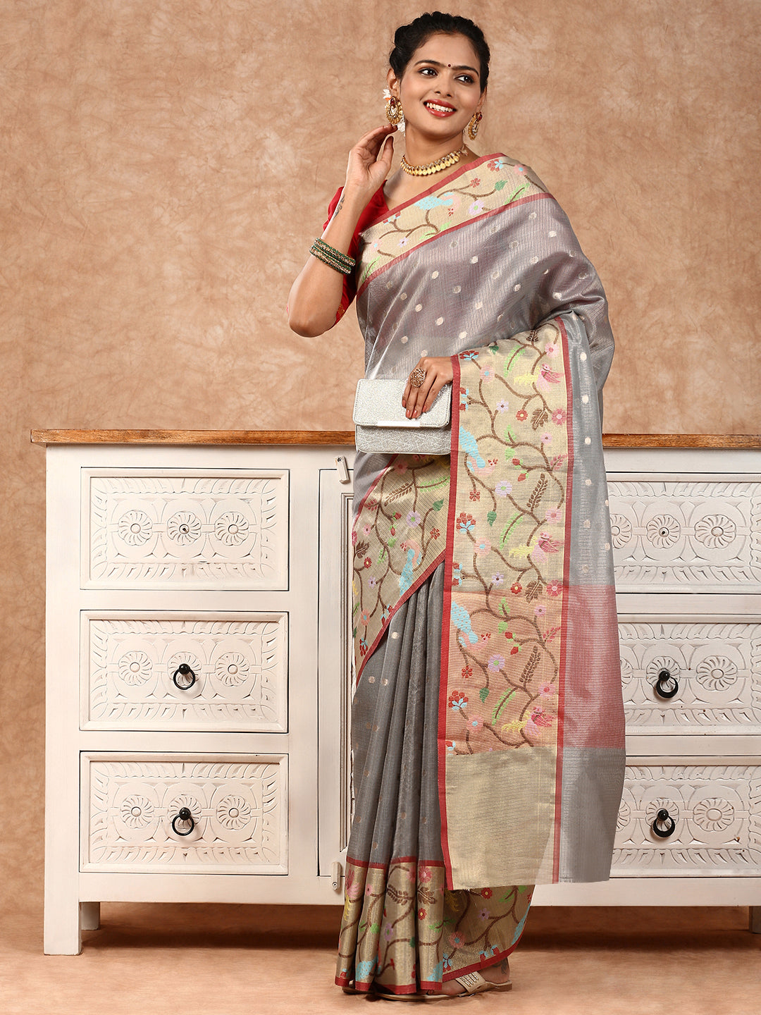 Women Semi Silk Cotton Saree Grey SSC22