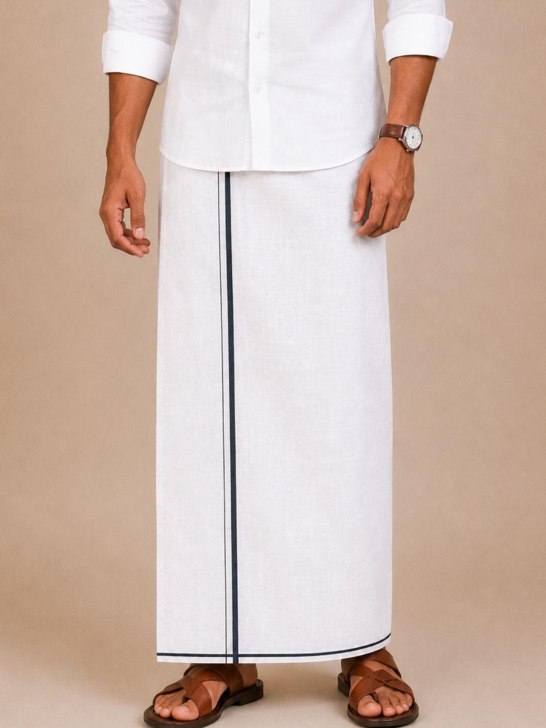 Men Cotton Linen Single Layer White Dhoti with Small Border Lee Sort LDS01