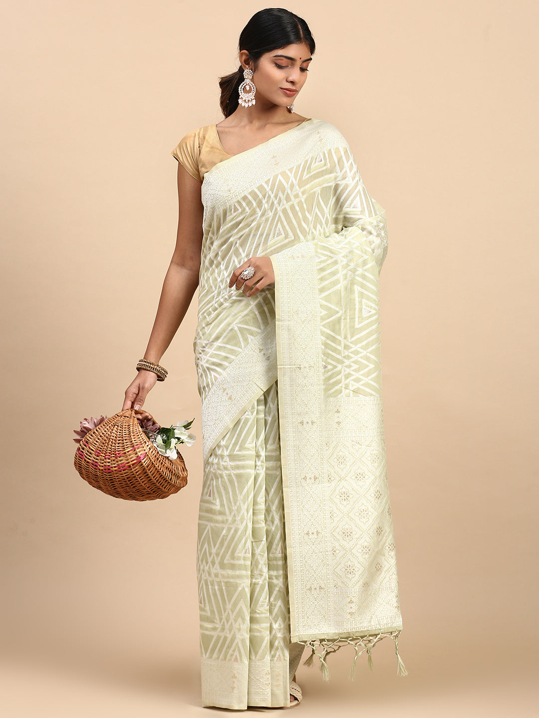 Women Semi Cotton Printed Saree Light Green SCS112