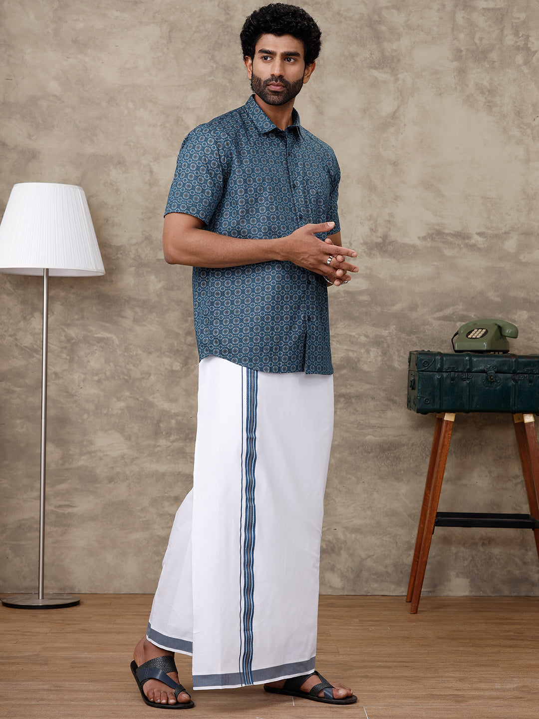 Men Dark Blue With Gray Matching Border Dhoti With Printed Shirt Set Fusion PS4