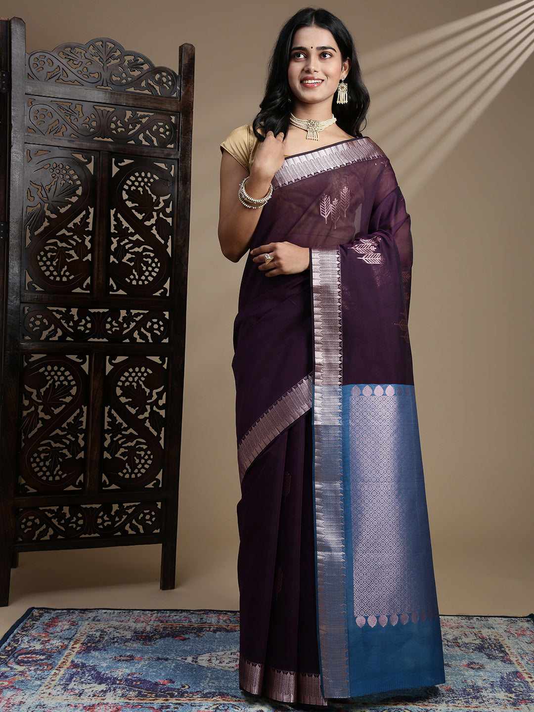 Women Semi Kora Cotton Dark Grape Wine SK128