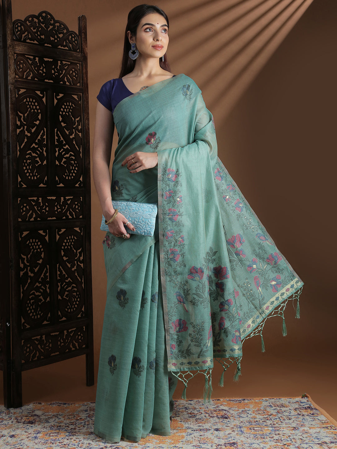 Women Pine Green Cotton Weaving Saree PCS252