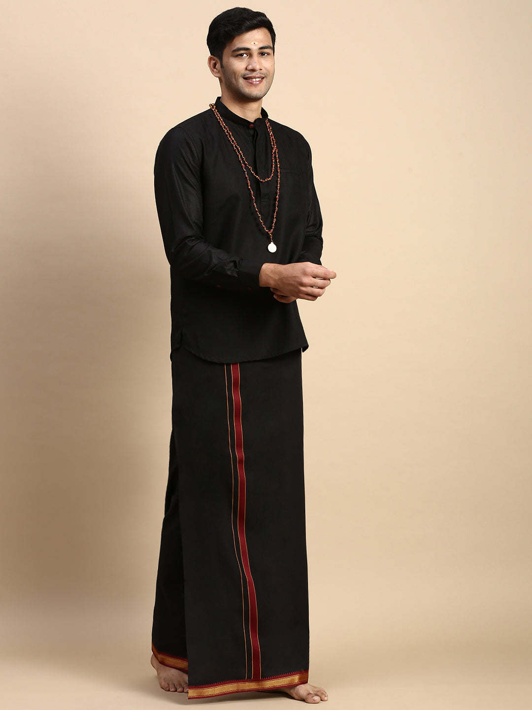 Men Devotional Mayilkhan Border Dhoti & Kurta Set Black KP6