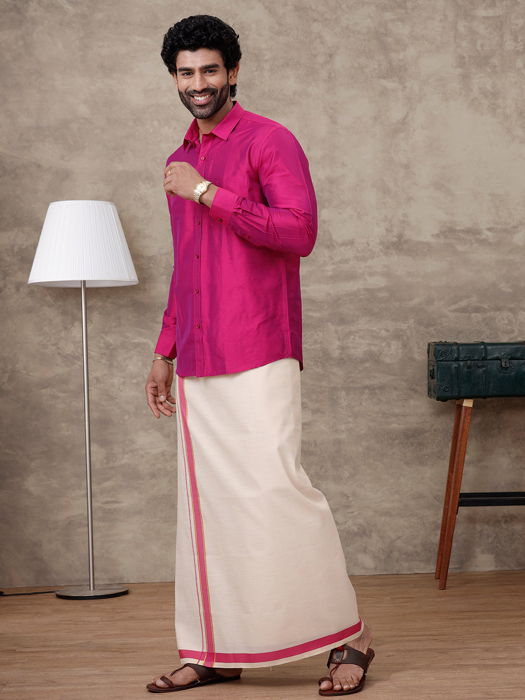 Men Cardinal Pink Silk Cotton Shirt With Matching Border Tissue Dhoti Set CCB Fortune