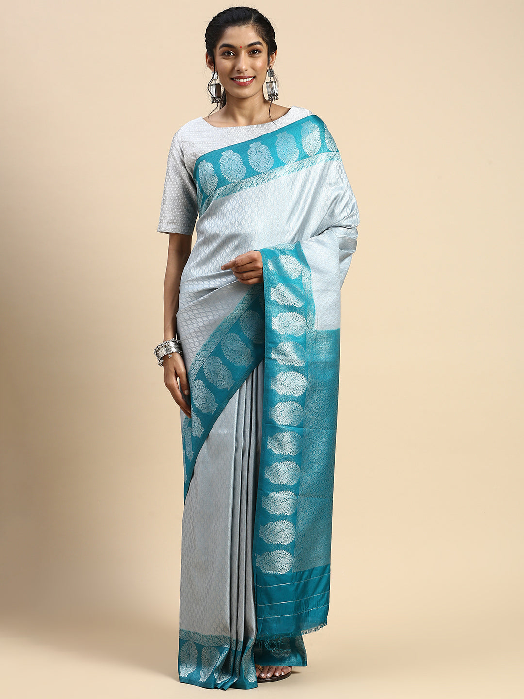 Womens Semi Silk All Over Design Light Grey Saree with Contrast Blue Zari Border ASW03