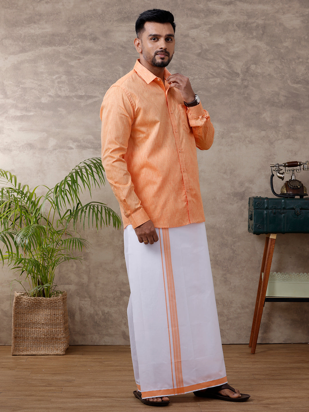 Men Matching Border Dhoti & Shirt Set Full Orange C2