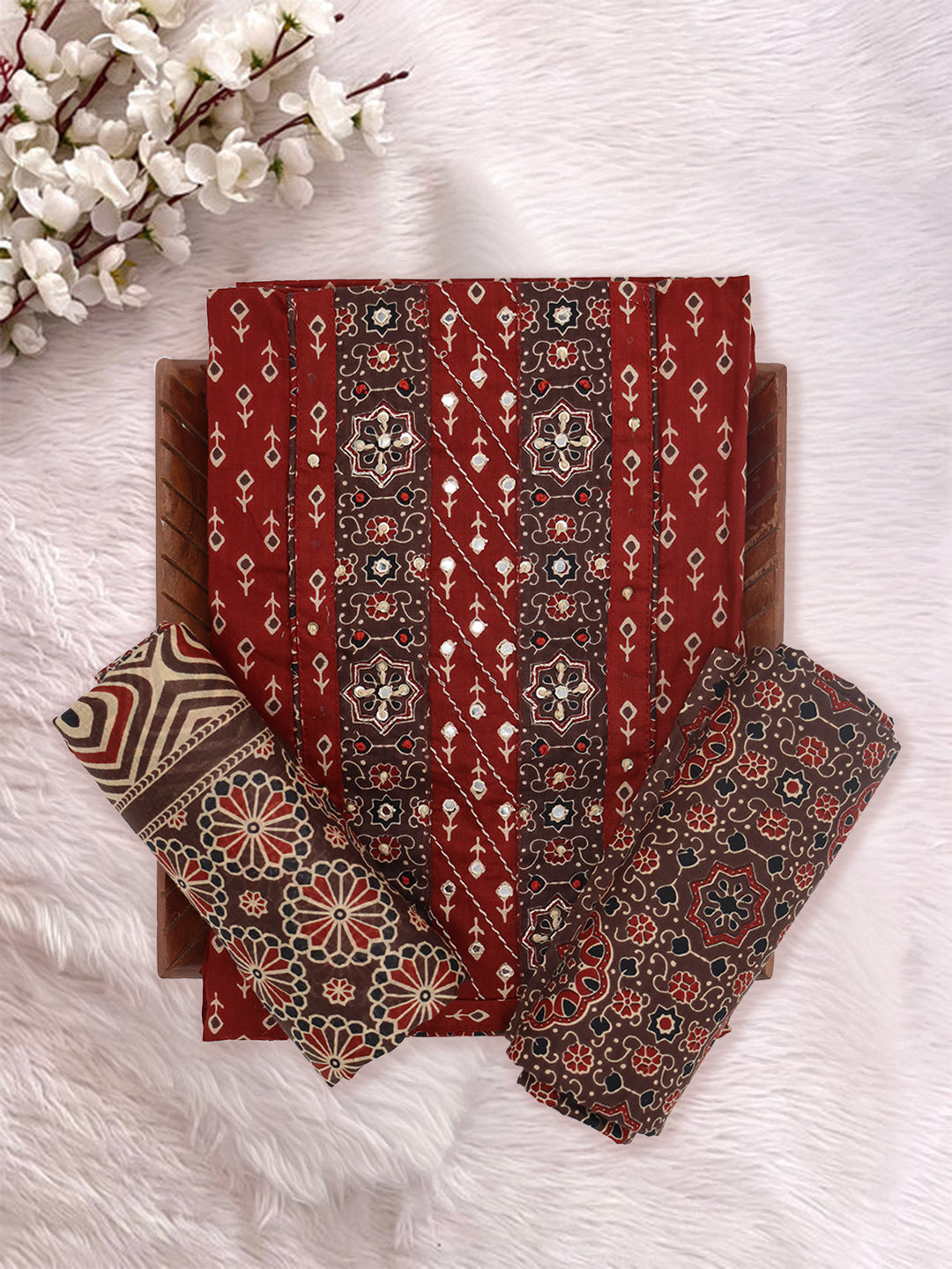 Women Pure Cotton Printed Dress Material Maroon DM347