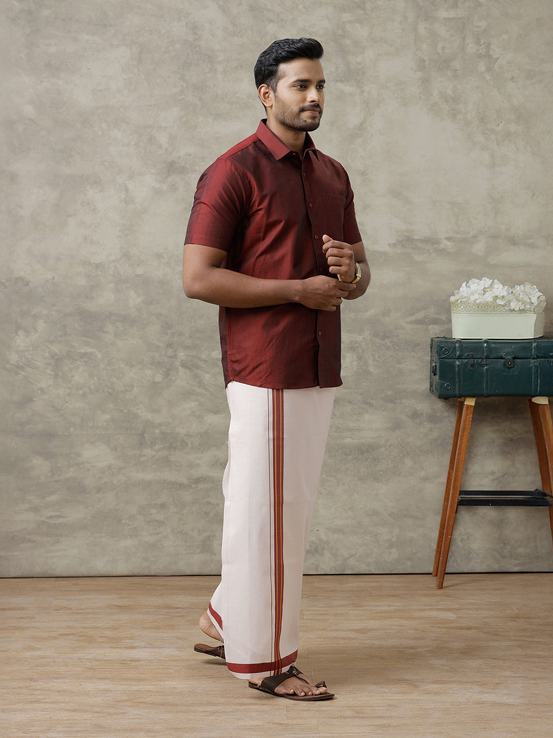Men Cotton Blend Maroon Shirt and Tissue Dhoti Set VB7