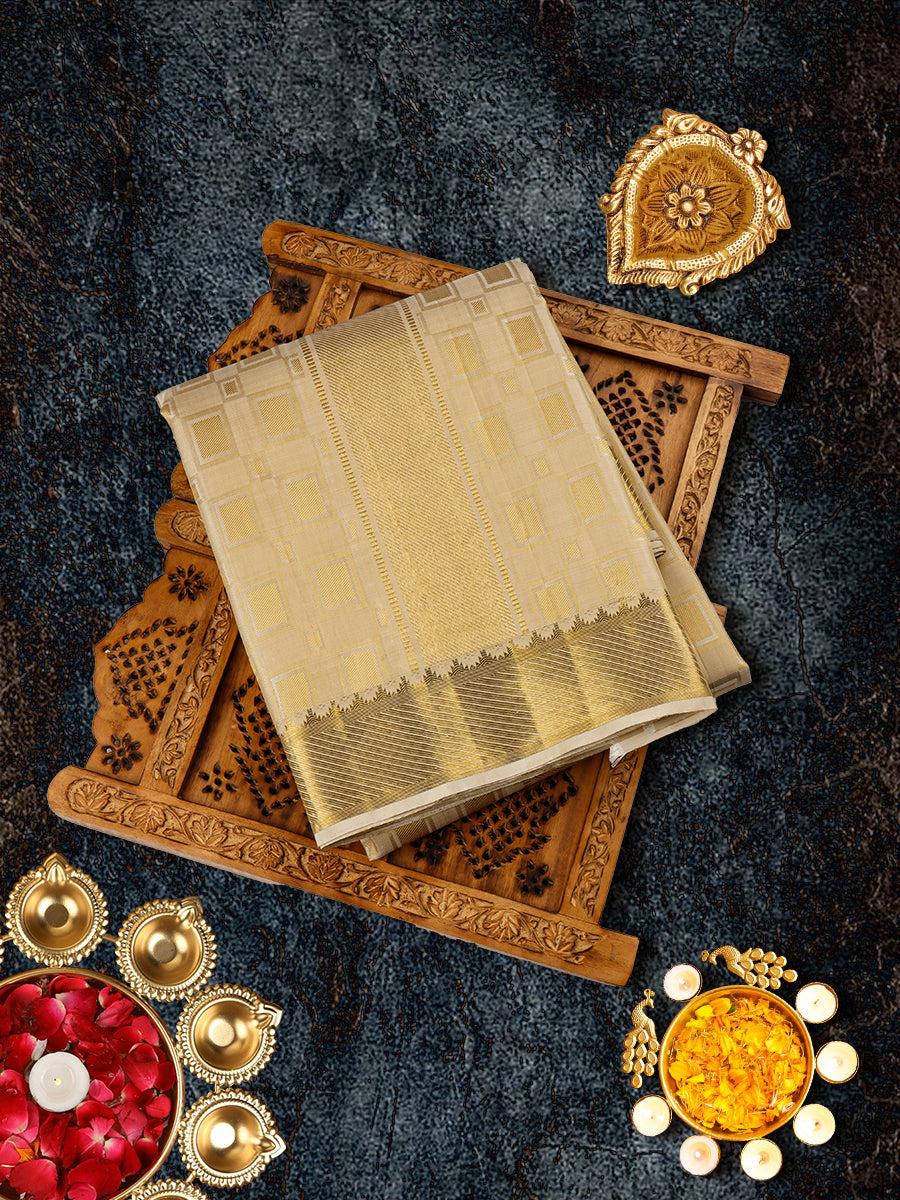Mens Pure Silk Fawn 4" Gold Jari Border Dhoti with Towel Amirtham-View one
