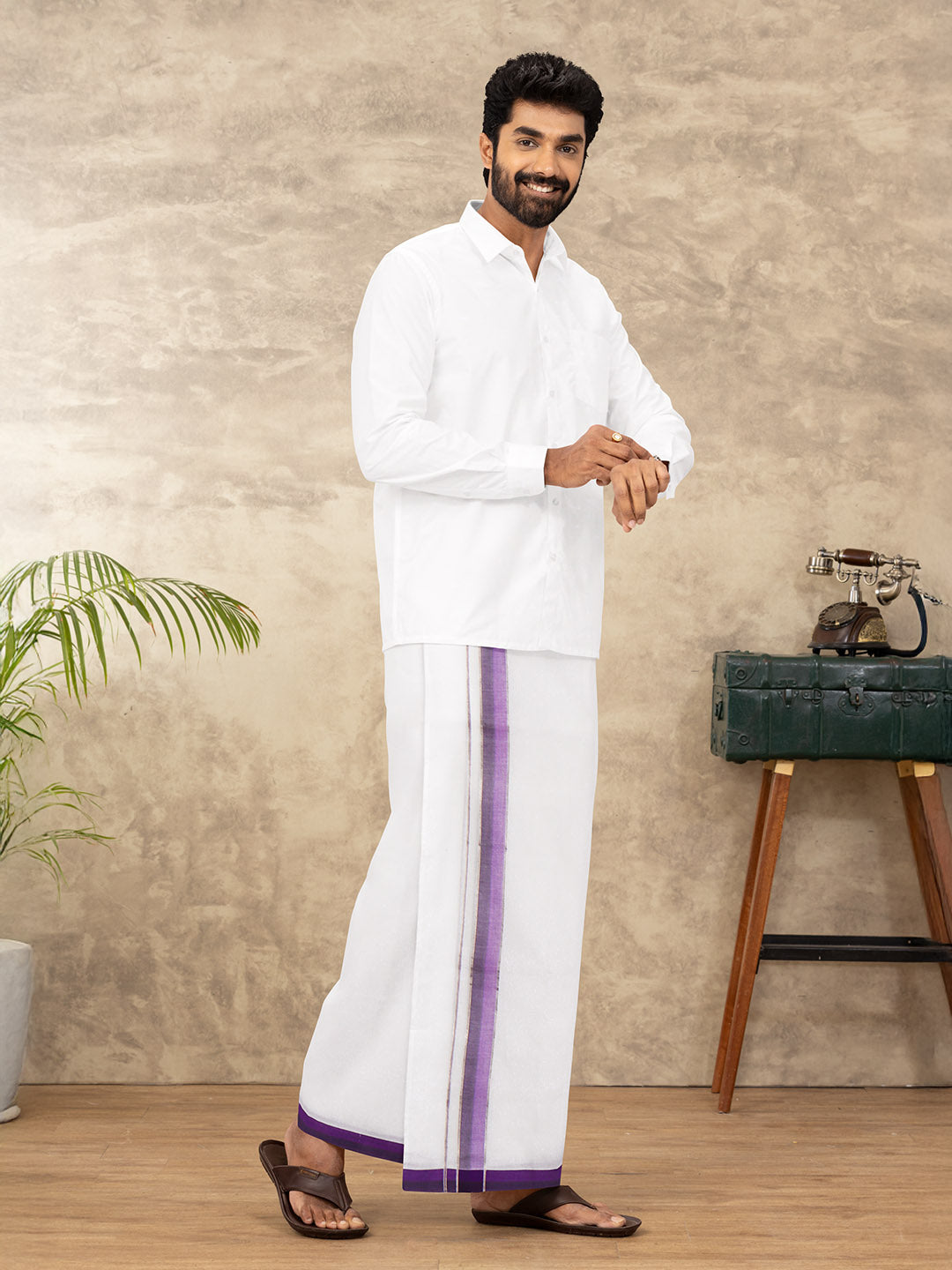 Men 100% Cotton Double Layer White Dhoti with Fancy Jari Border EJF15