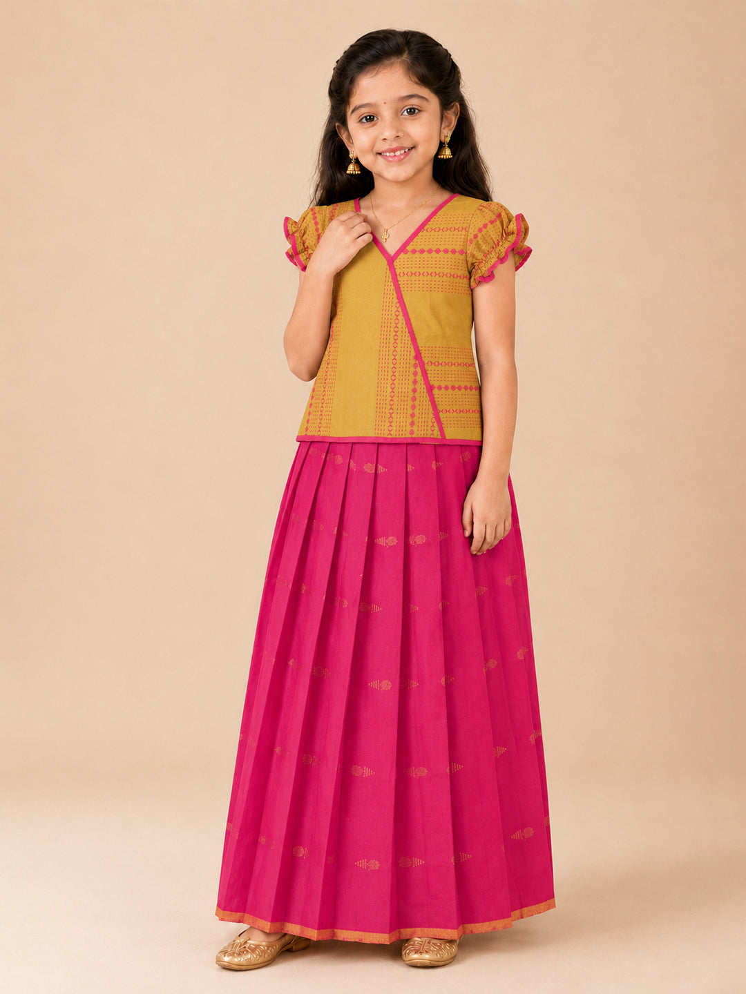 Girls Cotton Mustard Pattu Pavadai Set GPS47