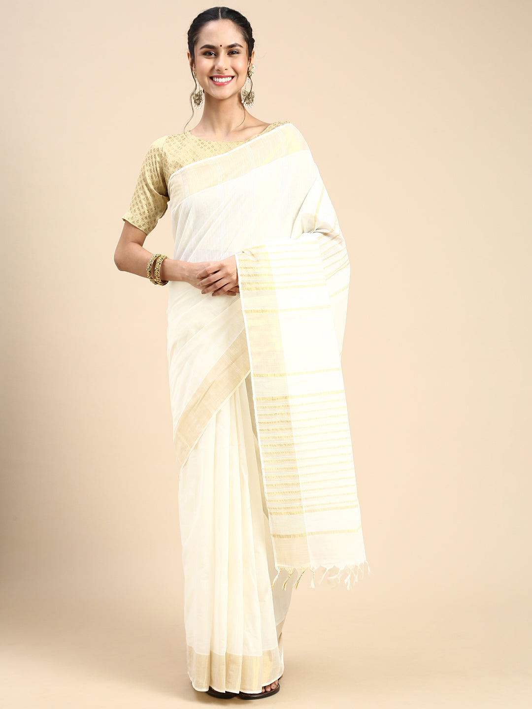 Women Cotton Jute White Striped Saree CJS01