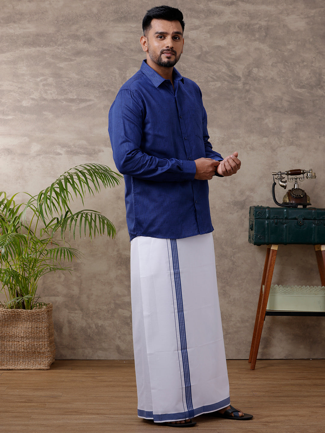 Men Matching Border Dhoti & Shirt Set Full Blue C80