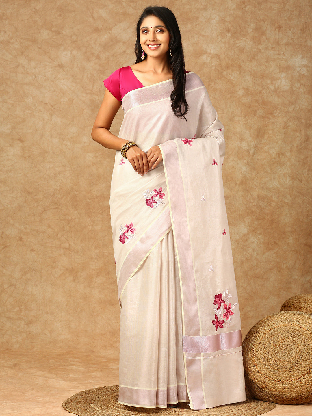 Women Kerala Tissue RoseGold Printed Saree KS165