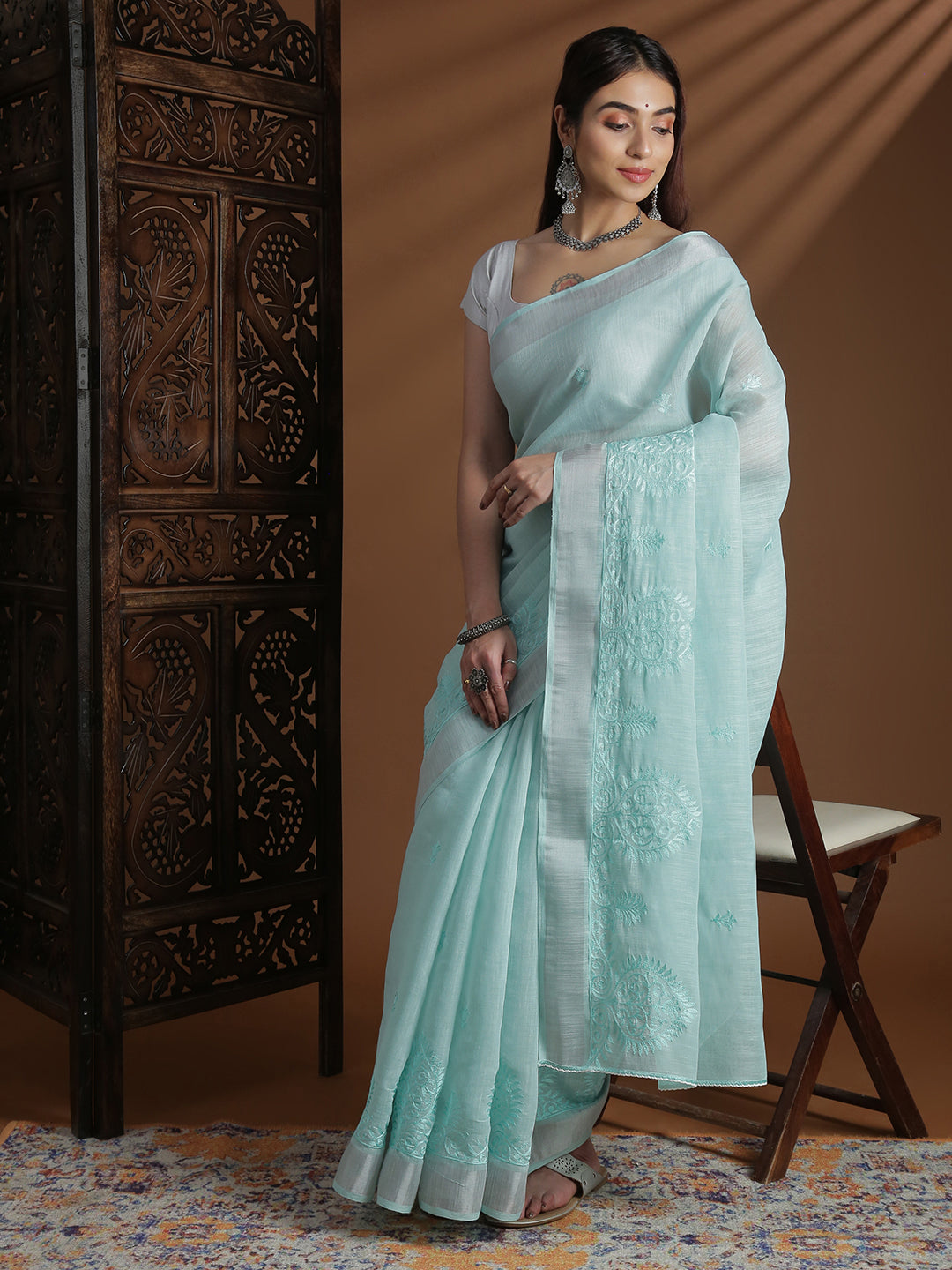 Women Mint Blue Semi Linen Embroidered Saree SL239