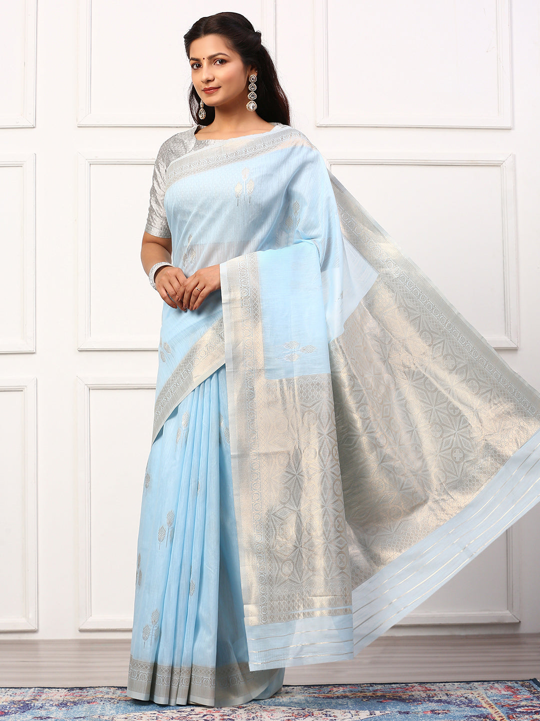 Women Semi Linen Weaving Saree Blue SL140