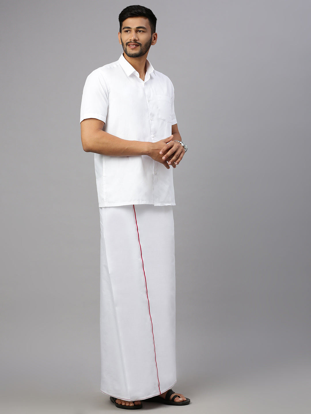 Mens Cotton White Half Sleeves Shirt with Small Border Dhoti Combo