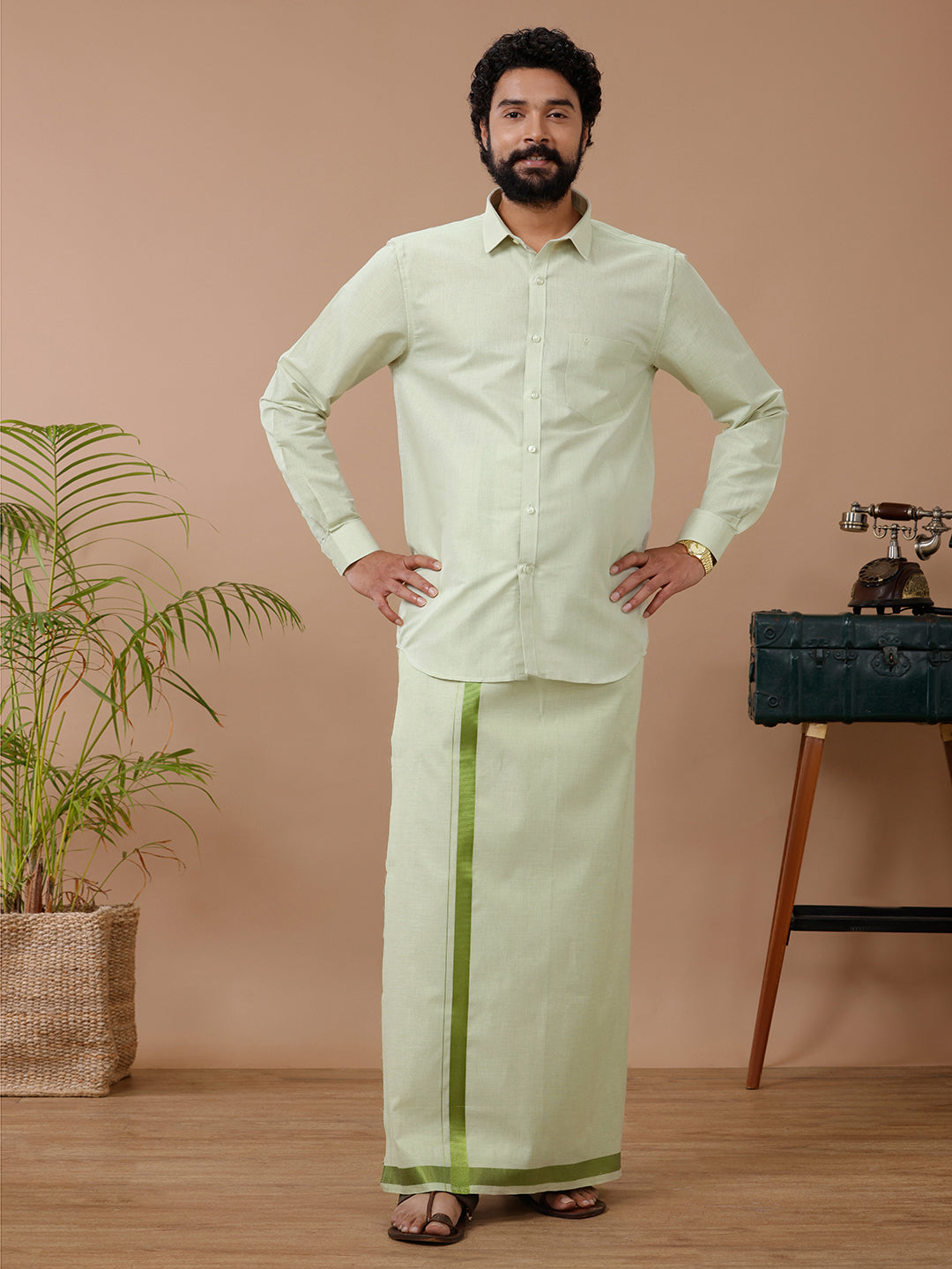 Couple Combo Shirt & Dhoti Set with Saree Green