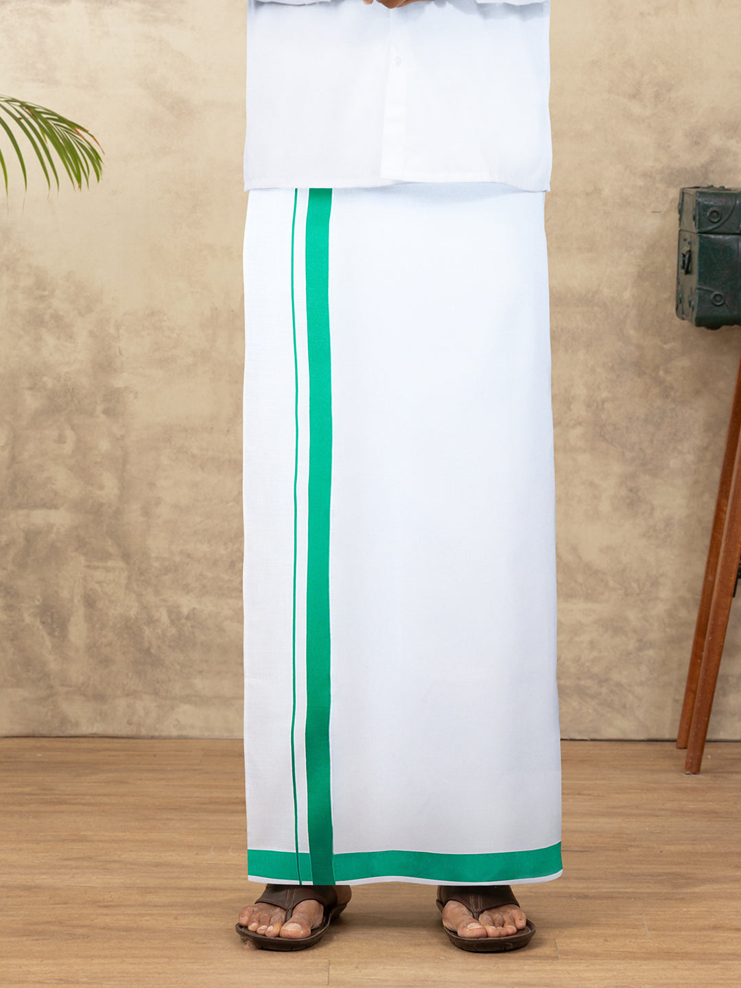 Men Cotton Blend Readymade Single Layer White Dhoti with Big Border GACS19