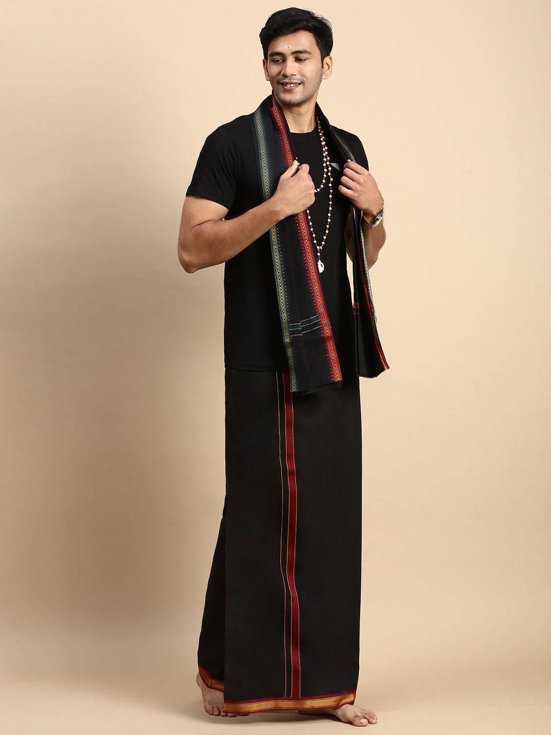 Men Devotional Mayilkhan Border Dhoti with Towel & TShirt Set Black ET14