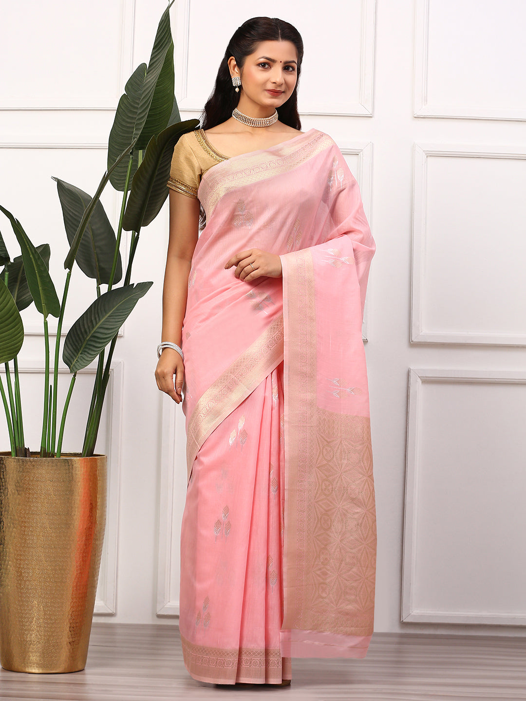 Women Semi Linen Weaving Saree Pink SL136