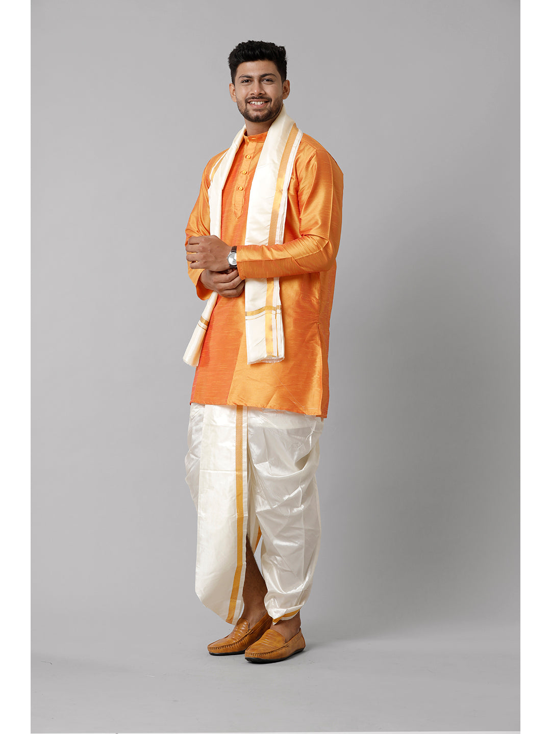 Mens Polyster Orange Medium Length Kurta with Art Silk Panchakacham Towel Combo SL03-Side view