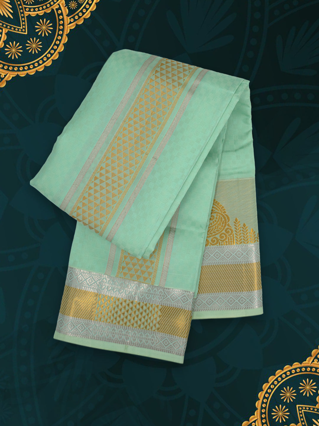 Men Pure Silk Green Dhoti & Towel Set with 4" inch Silver Jari Border TKC13