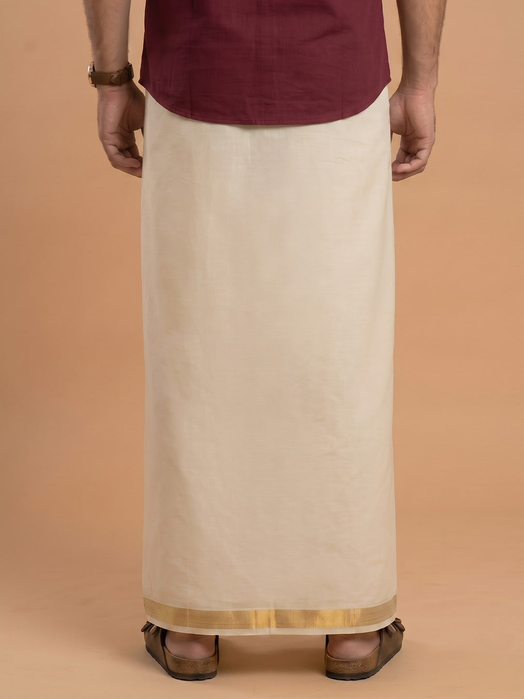 Double Layer 100% Cotton Cream Kora Dhoti with Gold Jari Border