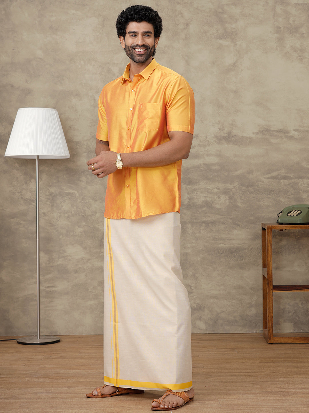 Men Luxor Gold Silk Cotton Shirt With Matching Border Tissue Dhoti Set CCB Fortune