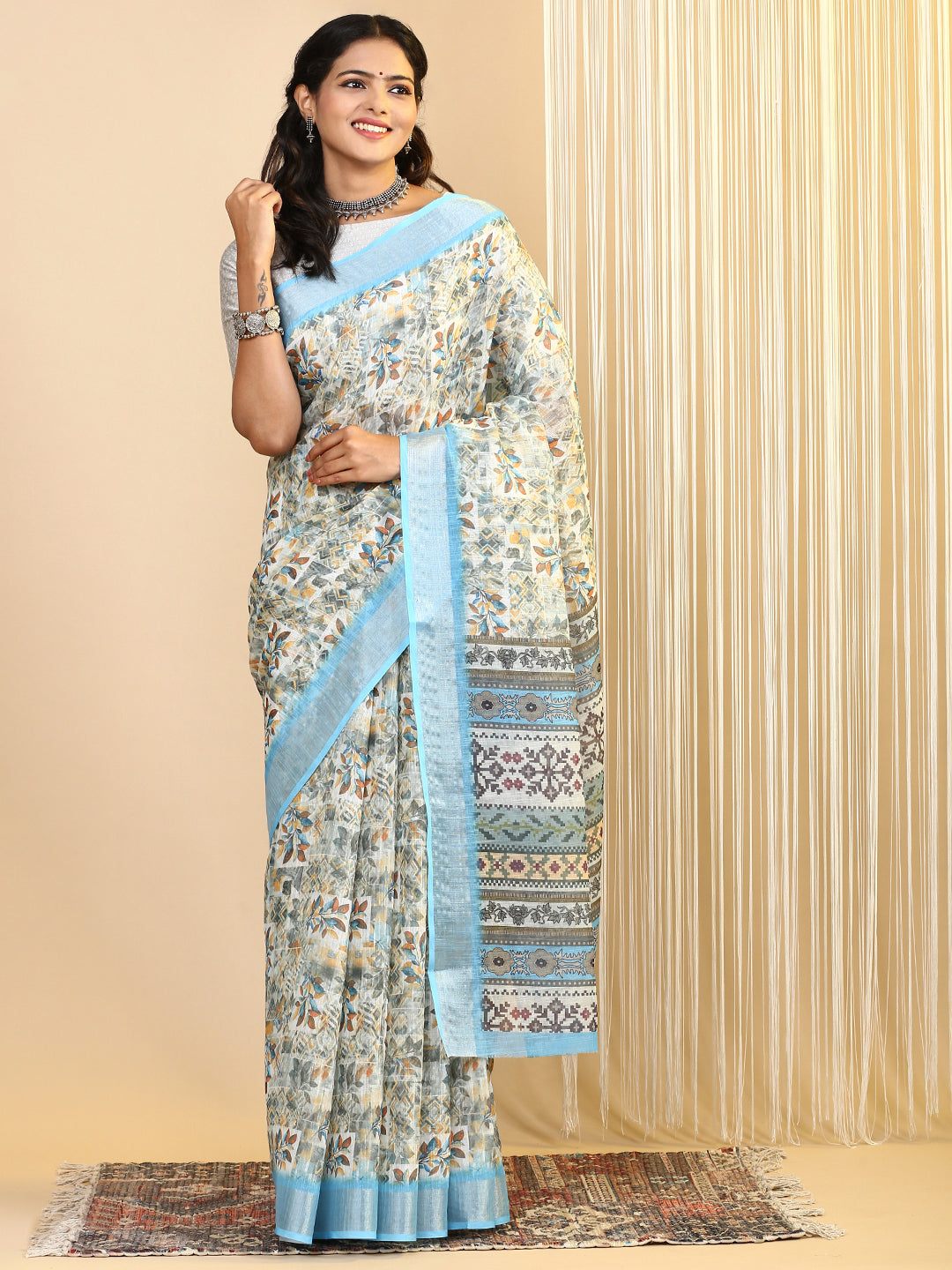 Women Semi Linen Printed Saree Blue SL157