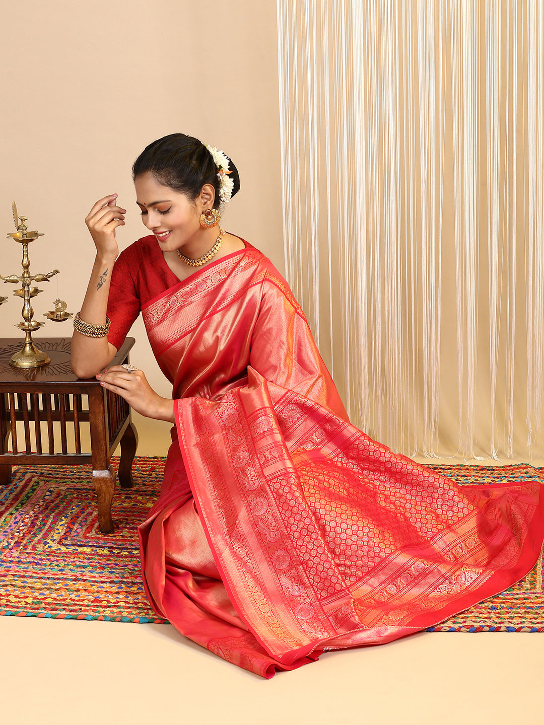 Womens Semi Silk Saree Red SS223