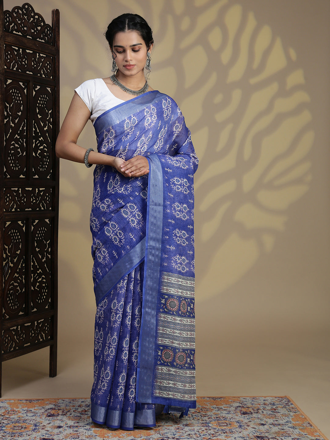Women Dark Blue Semi Linen Saree SL233