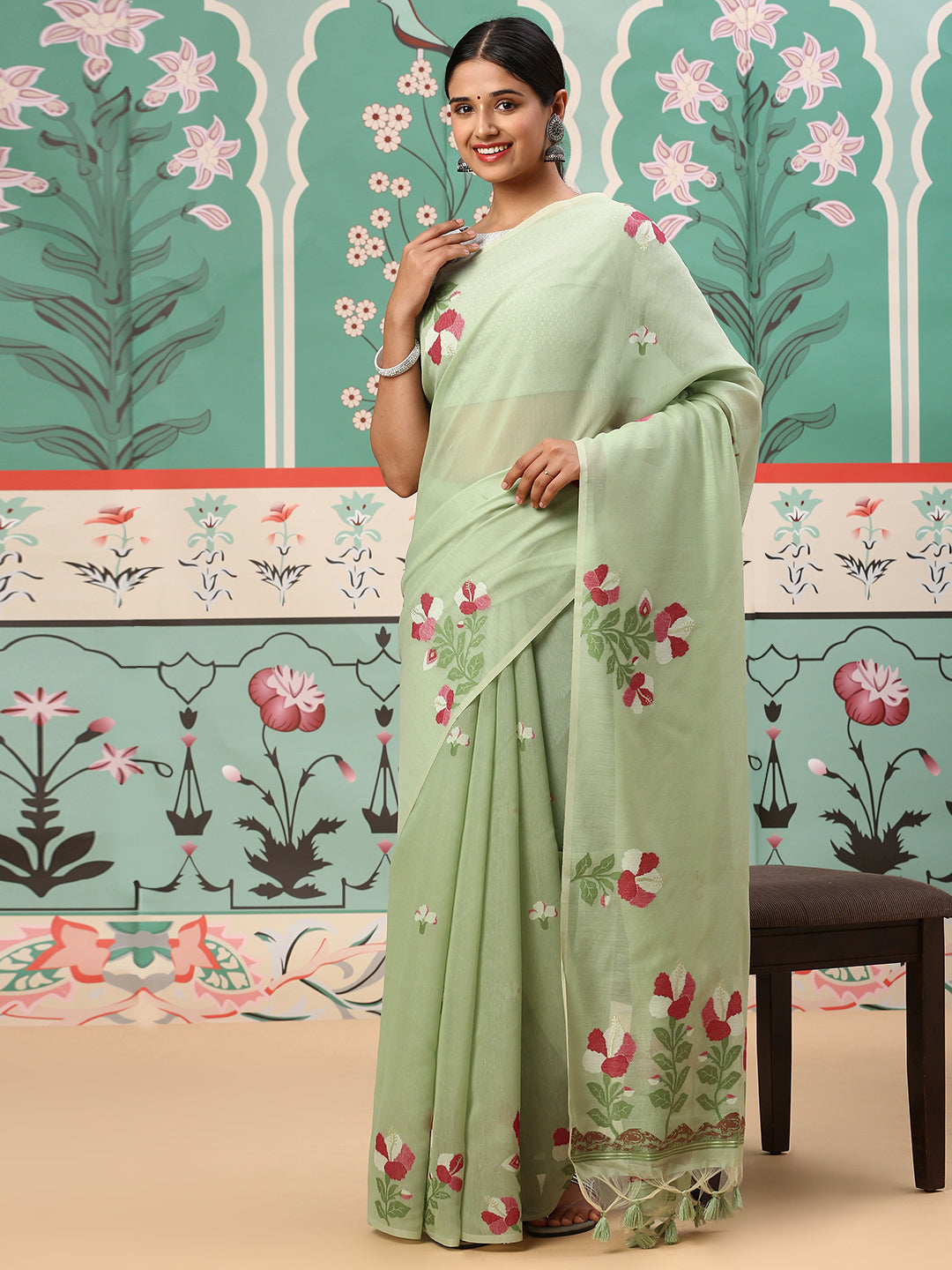 Womens Semi Cotton Saree Green SCS90